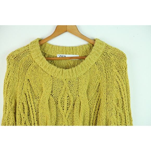 Zara S Mustard Cable Knit Chunky Sweater Pullover Fall Oversized Fisherman - Picture 2 of 7